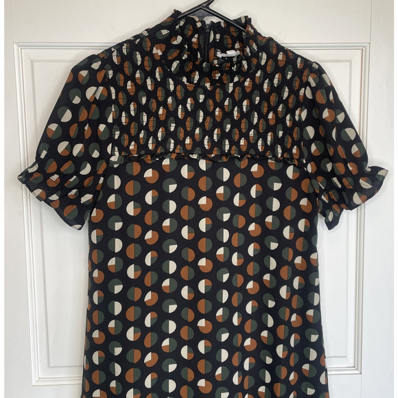 THML Women's Smocked Mini Dress Size S Black Short Sleeve Modern Geo Ruffle Boho - Picture 2 of 11